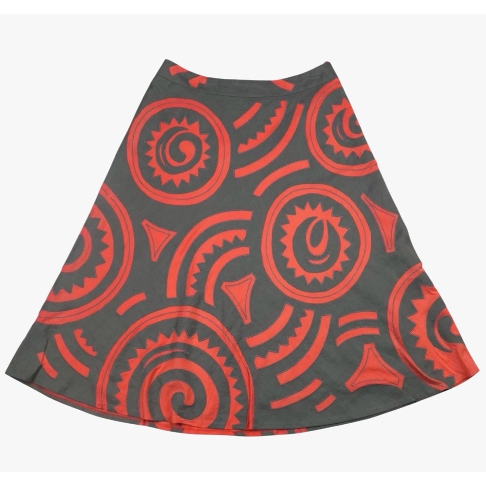 Lafayette 148 Linen A-Line Skirt Red Gray Abstract Art Print Size 6 Career